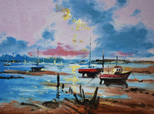 Superb Richard Blowey Original Oil Painting Moored Boats Cornwall Cornish Art