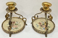 Filigree Candle Stick Holders Embroidered Petit Point Shabby Chic Gold Tone Pair