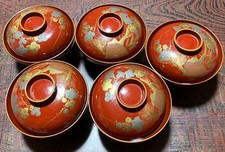 Wooden Lacquer Soup Bowls 5 pc with Lid Pine Bamboo Plum Pattern Antique
