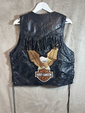 Mens Buffalo Leather Biker Vest Fringe Lace Sides Harley Davidson Patch L