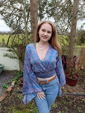 Ladies Recycled Sari Tops. Bell Sleeves. Paisley Floral Long Sleeve, Hippy Boho