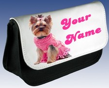 LADIES GIRLS Personalised Pink Dress YORKSHIRE TERRIER Pencil Case MAKE UP BAG