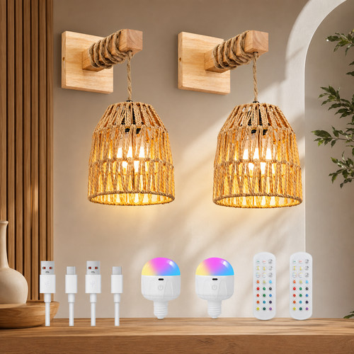 Rattan boho wall light wooden - rattan,