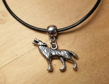 WOLF DOG LEATHER NECKLACE 17 INCH MENS WOMENS TIBETAN SILVER PENDANT