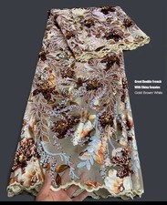 Luxury Gold Brown French Lace Material with Floral Embroidery & Sequins- Wedding
