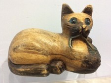 Large Vintage Hand Carved and Painted Wooden Cat with Ball of Wool Sculpture Orn