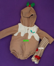 Primark Baby Beige 2pc Set Christmas Pudding Padded Fleece Outfit w. Tights 3-6m