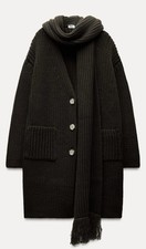 Jacket/Cardigan Brown Chunky Long Knit with Detachable Scarf & pockets Size M