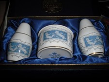 Vintage COALPORT REVELRY Blue Salt Pepper Mustard Dish Set  Fine Bone China box