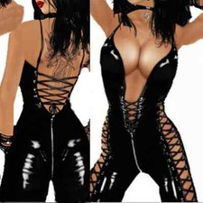 💕 Women Sexy PVC Wetlook PU Leather Bodysuit Clubwear Costume Jumpsuit Catsuit!