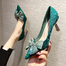 Womens Shoes Mid Kitten Heels Pointed Toe Slip On Bowknot Pumps Wedding Party