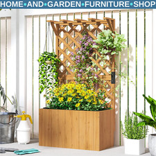 Wooden Planter, Trellis Raised Garden Bed Freestanding Outdoor Box with Drainage