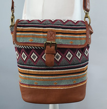 FATFACE Tan Leather Trim Satchel Bucket Bag Navajo Textile Multiway Buckle