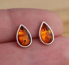 Cognac Baltic Amber 925 Sterling Silver Teardrop Stud Earrings Jewellery