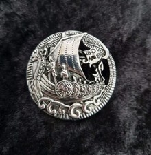 Viking Ship Round Brooch Pin Celtic Lapel Silver Tone Vintage Inspired Jewellery
