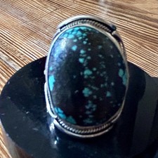 Large Tibetan Turquoise/ Design Saddle Ring Handmade In Sterling 925 Silver
