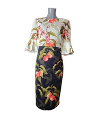 Ted Baker Fruit Print Floral Bodycon Dress UK 14 Bell Sleeve Cocktail Party”