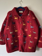 Vintage Pachamama Hand Knitted Wool Red & Multi Nautical Fish Pockets Cardigan L