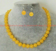 Natural 6/8/10mm Yellow Jade Round Gemstone Beads Necklace Earrings Set 18" AAA