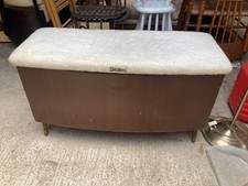 Vintage Brown Wooden Ottoman Blanket Storage Box Stool Fabric Top - needs TLC