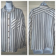 RVCA Sz SMALL Gauzy Striped L/S Button Up Top Blouse Tunic Gray White Pocket EUC
