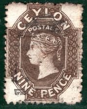 CEYLON QV Classic Stamp SG.57x 9d Sepia (1863) *WMK REVERSED* Cat £130 YOB23