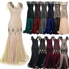1920s Flapper Long Dress Wedding Party Formal Evening Cocktail Floor Length Gown
