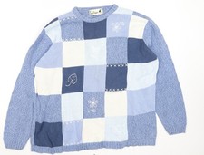 Tulchan Women’s Blue Patchwork Cotton Jumper XL Crew Neck Long Sleeve