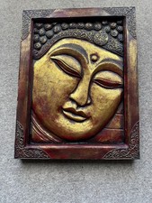 Hand Carved Gilded Buddha Wood Panel Hanging Plaque Wall Picture
