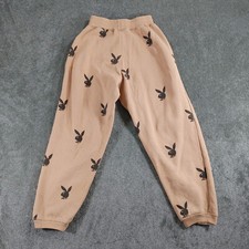 Playboy Missguided Joggers Womens UK 8 Beige Black All Over Print 