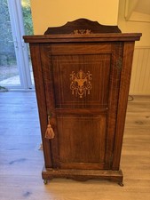 Antique Edwardian marquetry inlaid wooden stationery cabinet.
