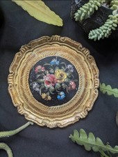 Vintage Tray, Decorative Painted Gold Wooden Round Tray