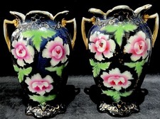 A Pair of Victorian Twin Handle Ceramic Vases with a Pink Rose Design 7.5” Tall 