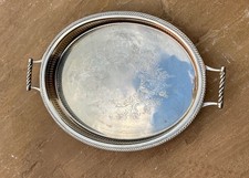 Vintage Silver Plated Oval Serving Tray with Handles – Engraved Floral Design