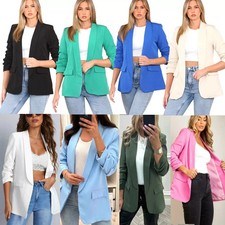 Womens Ruched Sleeve Fully Lined Blazer Collared Casual Ladies Formal Jacket Top