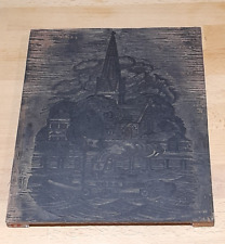 Carved Wooden Printing Block LARGE Letterpress Print Church Steamboat ANTIQUE