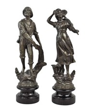 Antique Pair of Bronzed Spelter Figures Figurines Of A Fisherman & Woman