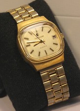 Mens Vintage Gold Tone TV Curved Rectangular Calendar Day Window Quartz Watch