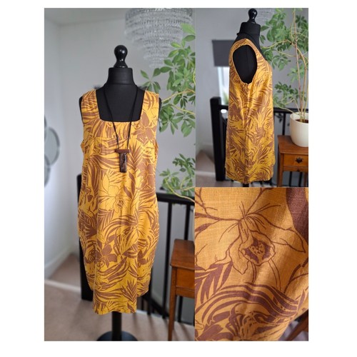 Yellow linen dress ladies midi - dress,