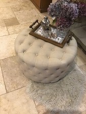 Comfy Round Buttoned Plush Footrest Stool, Coffee Table, Tufted Ottoman Beige