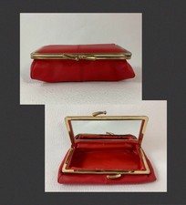 Vintage 1960s Red Faux Leather Make Up Bag With Fitted Mirror & Kiss Clasp