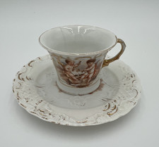 Antique German Cherub Cup & Saucer Set Gold Rococo Relief Unmarked