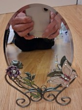 Beautiful Glass Oval Small Mirror Metal Stand Enamel Butterfly Flower Diamonte