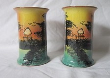 PAIR OF UNUSUAL ROYAL TORQUAY VASES Straw Hut at Sunset
