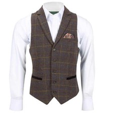 Mens Tweed Check Waistcoat Vintage Herringbone VelvetCollar Lapel Slim Fit Vest