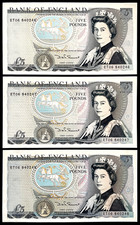 Bank of England, 1980, 3 Uncirculated Sequential £5 bank Notes Signed Somerset