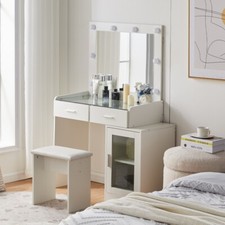 Dressing Table LED Bulbs Mirror Vanity Cabinet Make up Desk Stool Glass Top