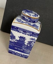 Vintage Ringtons blue & white willow pattern Square ceramic tea caddy lidded jar