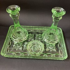 Vintage Art Deco Green Glass Dressing Table Vanity Set