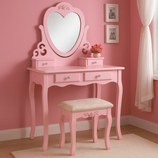 Pink Heart Dressing Table Makeup Desk Vanity Set White Mirror Drawers Stool